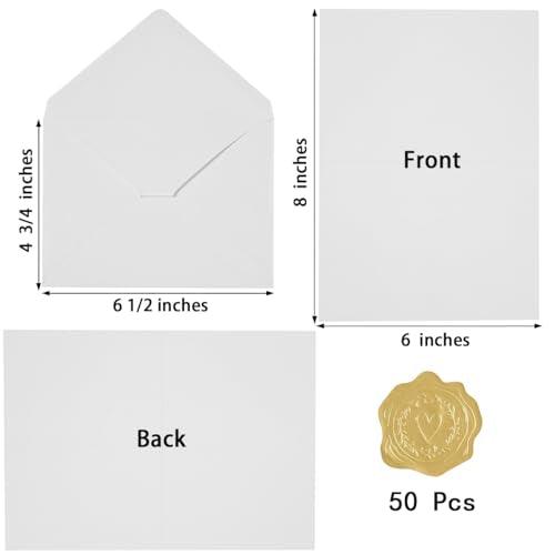 50 Pack White A6 Envelopes with Cards 4x6 Thick Folded Cardstock and Gold Stickers for Greeting Cards, Wedding, Birthday, Invitations, Baby Showers (White, 4x6) - SHOP NO2CO2