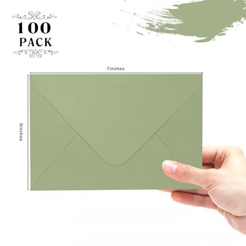 A7 Sage Green Envelopes 100 Pack, Goefun Blank 5x7 Envelopes for Invitation - V Flap Printable Envelopes for Gift Cards, Birthday, Graduation| 5.25 x 7.25 in, 120GSM - SHOP NO2CO2