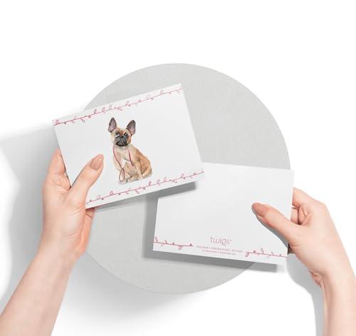 Twigs Paper - French Bulldog Note Cards - Set of 12 Blank Cards (5.5 x 4.25 Inch) with 12 Envelopes - 100% EcoFriendly Stationery - Made In USA - SHOP NO2CO2