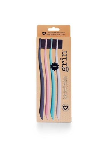 Grin | Gentle Charcoal Infused Toothbrush | Ultra Soft Natural Bristle Toothbrush | Best for Sensitive Gums | Extra Soft Bristle for Adults and Kids Teeths | Made from Recycled Material, (Pack of 4) - SHOP NO2CO2