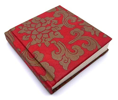 Pocket Size Lokta Notebook Handmade Journal Small Square A7 Notebook Tree Free Paper (Eco & Sustainable) (Red and Gold) - SHOP NO2CO2