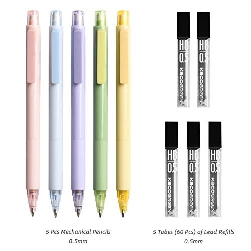 Kaco Mechanical Pencil Set, 5 Pieces Cute Pastel Pencils 0.5mm with 5 Tube HB Lead Refills (5 Pieces - 5 Mixed Color) - SHOP NO2CO2