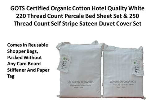 100% Organic Cotton GOTS Certified Crisp and Cooling Percale Bed Sheet Set & Soft Stripe Sateen Duvet Cover Set Combo Pack, 7 Piece Set, Luxurious Hotel White, Queen Size - SHOP NO2CO2