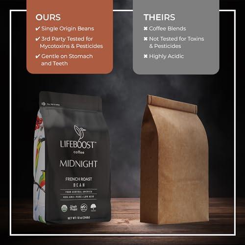 Lifeboost Midnight French Roast Coffee Beans - Single Origin Low Acid French Roast Coffee - Non-GMO USDA Organic French Roast Coffee Beans - Third Party Tested For Mycotoxins & Pesticides - 12 Ounces - SHOP NO2CO2