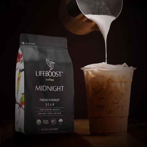 Lifeboost Midnight French Roast Coffee Beans - Single Origin Low Acid French Roast Coffee - Non-GMO USDA Organic French Roast Coffee Beans - Third Party Tested For Mycotoxins & Pesticides - 12 Ounces - SHOP NO2CO2