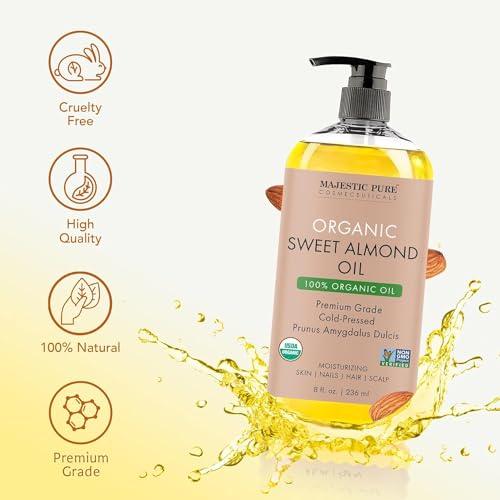 MAJESTIC PURE USDA Organic Sweet Almond Oil | 100% Pure & Natural Cold Pressed Oil Sweet Almond Oil for Skin, Face, Nails, Hair, Scalp & Massage | 8fl oz - SHOP NO2CO2