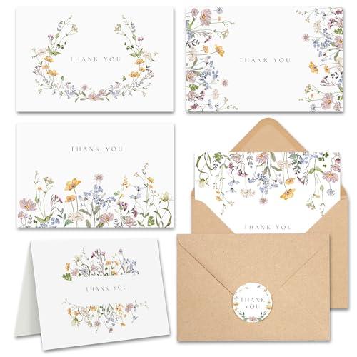 Floral Thank You Cards With Envelopes (20 pack 4x6) - Wildflower Thank You Cards With Adhesive Envelope & Stickers - Thank You Cards for Special Gift - SHOP NO2CO2