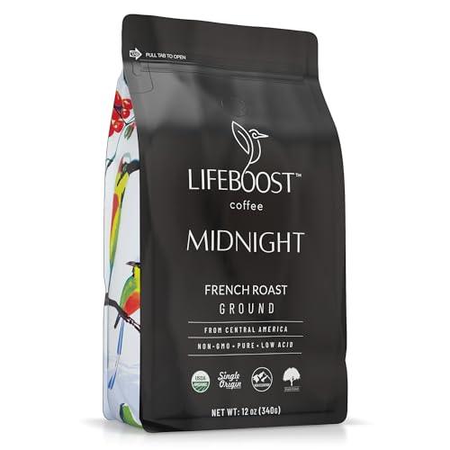 Lifeboost Midnight Coffee French Roast Coffee Ground - Single Origin USDA Organic Low Acid Coffee French Roast - Non-GMO Ground Coffee - Third Party Tested For Mycotoxins & Pesticides - 12 Ounces - SHOP NO2CO2