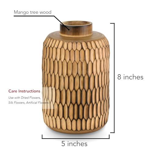 Aeravida Uniquely Etched Scales Textured Cylindrical Mango Tree Wooden Vase | Mango Tree Wood Kitchen Decor | Handmade Vase | Carved Shaped Vase | Handmade Home Office Table Vase Light Brown - SHOP NO2CO2