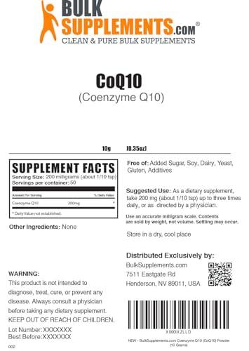 BulkSupplements.com Coenzyme Q10 Powder - CoQ10 Powder, CoQ10 200mg, CoQ10 Supplement - Heart Health Supplements, Gluten Free, 200mg per Serving, 10g (0.35 oz) (Pack of 1) - SHOP NO2CO2