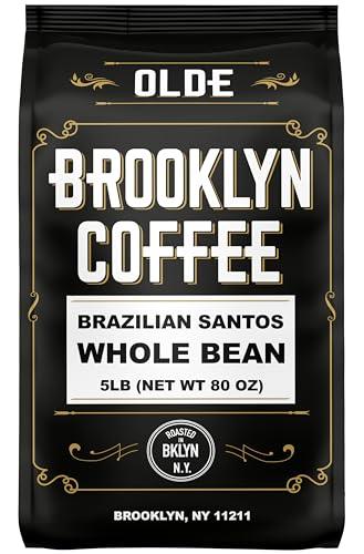 BROOKLYN COFFEE Whole Bean, Brazilian Santos Medium Roast (5lb) American, Breakfast, Classic - Fresh Bulk Coffee Beans Roasted Weekly in NYC - SHOP NO2CO2