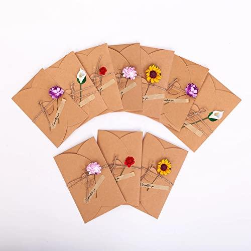 10Pcs 4.3x6.9 Inchs Handmade Vintage Kraft Blank Note Card Thank Notes, Greeting Card, Paper Flowers Greeting Cards, Handmade Invitation Card, Birthday Party Invitation Card With Envelopes - SHOP NO2CO2