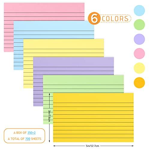 700 Sheets Color Index Cards with 2 Pack Index Card Holders, Ruled Index Cards 3 x 5, Notecards Study Cards for School Learning and Office Supplies, 6 Colors - SHOP NO2CO2