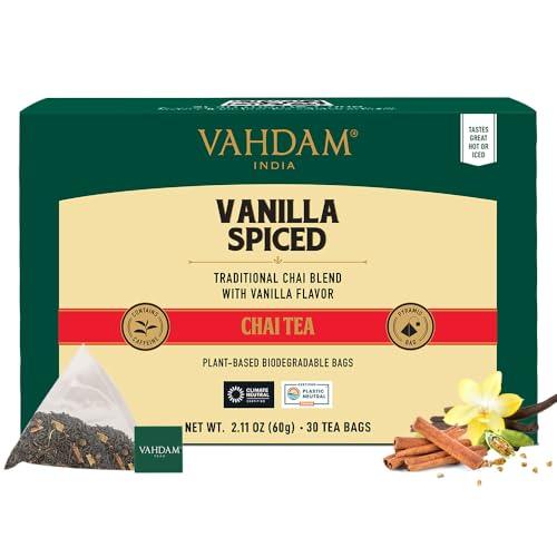 VAHDAM, Vanilla Chai Tea Bags (30 Count) High Caffeine, Non GMO, Gluten Free | Full-bodied & Malty | No Added Flavoring | Blended w/Vanilla, Cappuccino & Exotic Spices | Individually Wrapped Tea Bags - SHOP NO2CO2