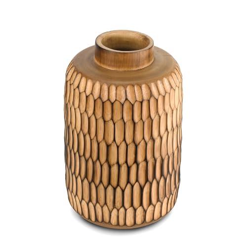 Aeravida Uniquely Etched Scales Textured Cylindrical Mango Tree Wooden Vase | Mango Tree Wood Kitchen Decor | Handmade Vase | Carved Shaped Vase | Handmade Home Office Table Vase Light Brown - SHOP NO2CO2