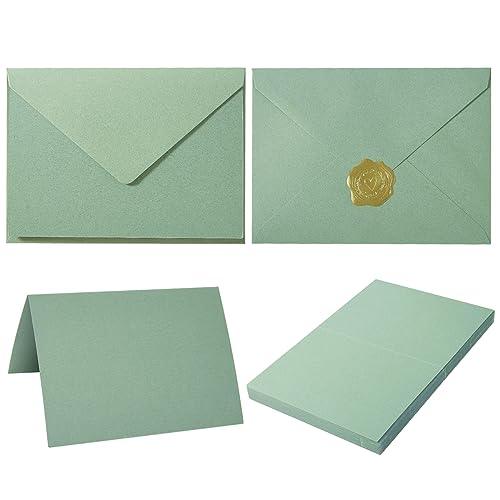 50 Pack Sage-Green A7 Envelopes with Cards 5x7 Thick Folded Cardstock and Gold Stickers for Greeting Cards, Wedding, Birthday, Invitations, Baby Showers (Sage-Green, 5x7) - SHOP NO2CO2