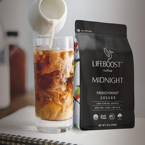 Lifeboost Midnight Coffee French Roast Coffee Ground - Single Origin USDA Organic Low Acid Coffee French Roast - Non-GMO Ground Coffee - Third Party Tested For Mycotoxins & Pesticides - 12 Ounces - SHOP NO2CO2