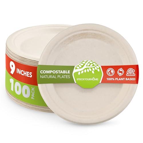 Stock Your Home 100% Compostable Plates 9 Inch (100 Count) Large Heavy Duty Biodegradable Paper Plate for Dinner, Eco-Friendly Recyclable Disposable Sustainable, Natural Bagasse - SHOP NO2CO2