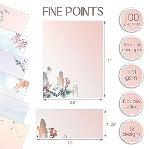 Better Office Products Japanese Watercolor Stationery Paper Set, 100 Piece Set (50 Sheets + 50 Matching Envelopes), Letter Size 8.5 x 11 inch, 9 Designs, Double Sided Printing Paper, - SHOP NO2CO2