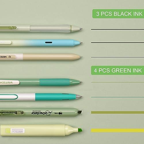 WRITECH Gel Pens Journaling Highlighters: Journal Set Aesthetic Assorted Pastel Color Ink 0.5mm Fine Point Retractable 0.7mm Black Pen Smooth Writing Drawing No Bleed 7ct (Green) - SHOP NO2CO2