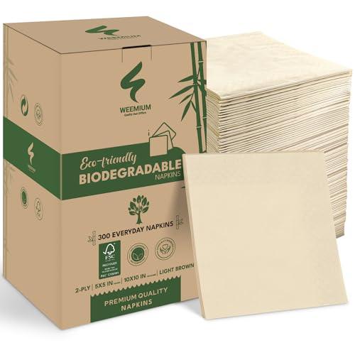 300 Pack 2-Ply Compostable Napkins - FSC Certified 5x5 Inch Folded Post Consumer Recycled Napkins - Highly Absorbent Eco friendly Bamboo, Disposable Biodegradable Napkins for Dining & Events - SHOP NO2CO2