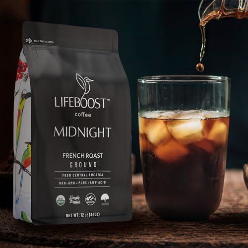 Lifeboost Midnight Coffee French Roast Coffee Ground - Single Origin USDA Organic Low Acid Coffee French Roast - Non-GMO Ground Coffee - Third Party Tested For Mycotoxins & Pesticides - 12 Ounces - SHOP NO2CO2