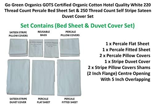 100% Organic Cotton GOTS Certified Crisp and Cooling Percale Bed Sheet Set & Soft Stripe Sateen Duvet Cover Set Combo Pack, 7 Piece Set, Luxurious Hotel White, Queen Size - SHOP NO2CO2