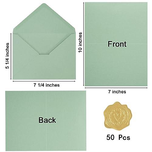 50 Pack Sage-Green A7 Envelopes with Cards 5x7 Thick Folded Cardstock and Gold Stickers for Greeting Cards, Wedding, Birthday, Invitations, Baby Showers (Sage-Green, 5x7) - SHOP NO2CO2