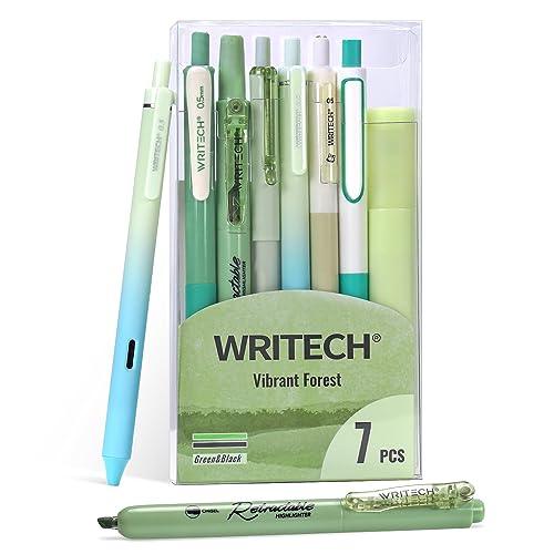 WRITECH Gel Pens Journaling Highlighters: Journal Set Aesthetic Assorted Pastel Color Ink 0.5mm Fine Point Retractable 0.7mm Black Pen Smooth Writing Drawing No Bleed 7ct (Green) - SHOP NO2CO2