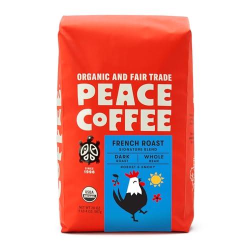 Peace Coffee French Roast | 20 oz Whole Bean Dark Roast | Organic Fair Trade | Soft, Gentle Flavor | Shade Grown, Fresh Roasted - SHOP NO2CO2