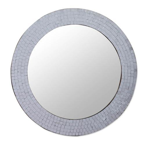 NOVICA Mosaic Glass Circle Wall Mounted Mirror from India, Metallic 'Silvery Glamour' - SHOP NO2CO2