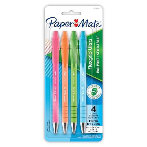 Paper Mate FlexGrip Ultra Ballpoint Pens, Made from Recycled Plastic Materials, Assorted Barrel Colors, Medium Point (1.0mm), Black, 4 Count - SHOP NO2CO2