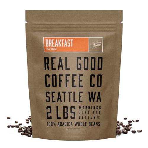 Real Good Coffee Co - Whole Bean Coffee - 2 Pound Bag - Breakfast Blend Light Roast Coffee - Fresh Coffee Beans Roasted and Ground in Seattle, WA -100% Arabica Coffee Beans - Flavored Coffee Beans - SHOP NO2CO2