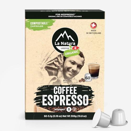 La Natura Lifestyle Organic Espresso Coffee Pods - 100% Arabica Dark Roast Blend, Compostable & Biodegradable Capsules, Rich Flavor - Eco-Friendly Single-Serve Pods - Pack of 60 - SHOP NO2CO2