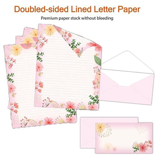 48 Packs Lined Stationary Set for Writing Letters - 8.5 x 11 Inch Flora Design Double-sided Stationary Paper for Writing Letters, 48 Stationery Paper with 48 Envelopes, 6 Designs Assorted - SHOP NO2CO2