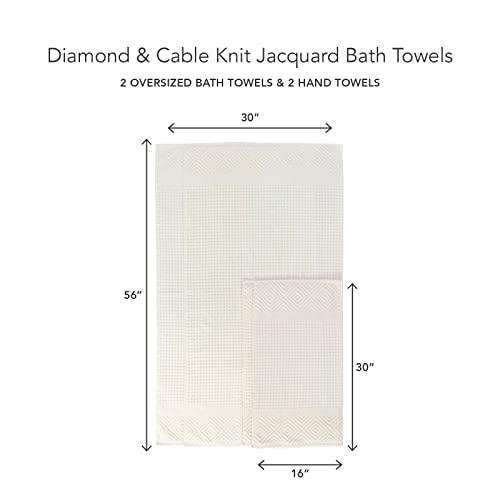 Texere 100% Organic Cotton Diamond Jacquard 700 GSM Luxury Bath Towel Sets - Ultra Soft and Absorbent Hotel and Spa Quality (Diamond, Cream, 2 Bath & 2 Hand Towels) - SHOP NO2CO2