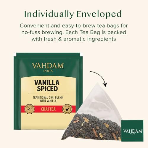 VAHDAM, Vanilla Chai Tea Bags (30 Count) High Caffeine, Non GMO, Gluten Free | Full-bodied & Malty | No Added Flavoring | Blended w/Vanilla, Cappuccino & Exotic Spices | Individually Wrapped Tea Bags - SHOP NO2CO2