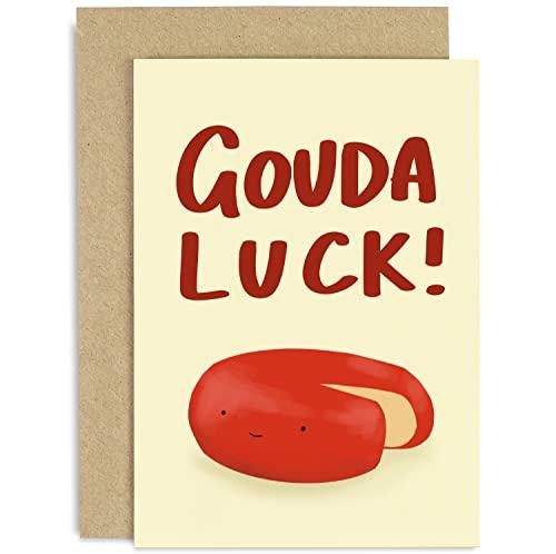 Old English Co. Funny Good Luck Card for Him Her - 'Gouda Luck' Cheese Pun Greeting Card - Encouragement For Exams, New Job, Leaving Card for Work Colleagues | Blank Inside with Envelope - SHOP NO2CO2