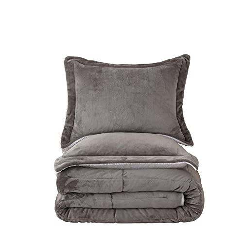 Seward Park Ultra-Soft Micromink Sherpa Comforter Set King, Soft Warm Fall Winter Down Alternative Bedding Comforter Sets Grey Charcoal 3 Piece (2 Pillow Shams and 1 Comforter) - SHOP NO2CO2