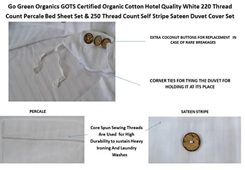 100% Organic Cotton GOTS Certified Crisp and Cooling Percale Bed Sheet Set & Soft Stripe Sateen Duvet Cover Set Combo Pack, 7 Piece Set, Luxurious Hotel White, Queen Size - SHOP NO2CO2