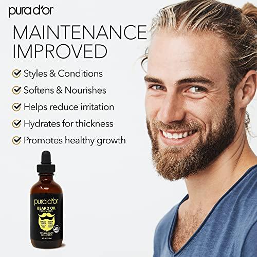 PURA D'OR 4 Oz ORGANIC Beard Oil - USDA Certified - 100% Natural Leave-In Conditioner, Argan & Jojoba Oil - Mustache Care & Maintenance, Increase Softness & Strength - Beard Hair, Skin & Face - SHOP NO2CO2