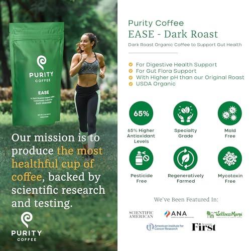 Purity Coffee EASE Dark Roast Low Acid Organic Coffee - USDA Certified Organic Specialty Grade Arabica Whole Bean Coffee - Third Party Tested for Mold, Mycotoxins and Pesticides - 12 oz Bag - SHOP NO2CO2