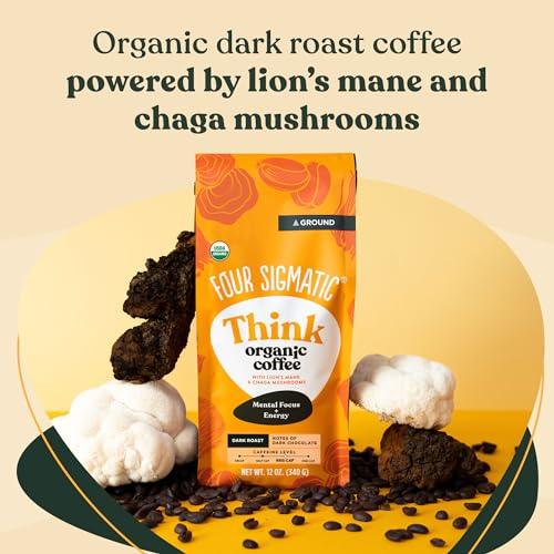 Four Sigmatic Think Mushroom Coffee | Organic Ground Coffee with Lion's Mane Mushroom and Chaga Mushroom | Nootropic Mushroom Coffee for Better Focus and Immune Support | 12oz Bag - SHOP NO2CO2