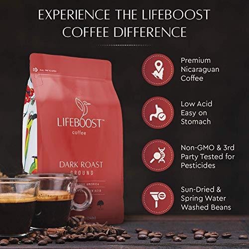 Lifeboost Coffee Dark Roast Ground Coffee - Low Acid Single Origin USDA Organic Coffee - Non-GMO Ground Coffee Beans Dark Roast Third Party Tested For Mycotoxins & Pesticides - 12 Ounces - SHOP NO2CO2