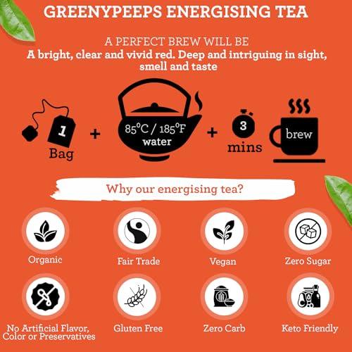 Greenypeeps Organic Energizing Tea Bags - Invigorating Ginseng, Hibiscus, Apple, Linden Flower, Orange Peel & Rosehip Tea - Fairtrade - Aromatic & Refreshing Hot or Cold Herbal Energy Tea - 80 Count - SHOP NO2CO2