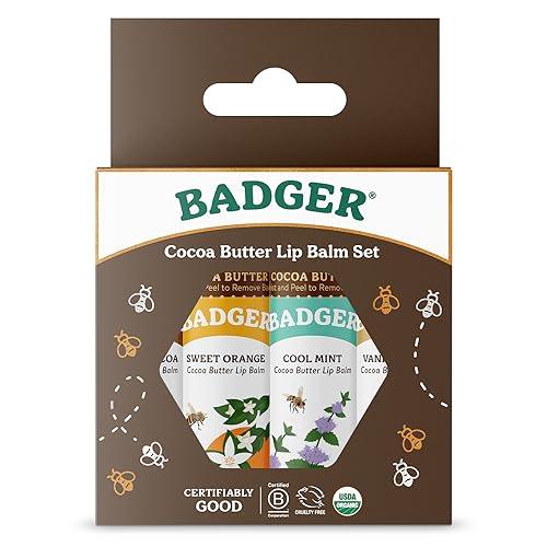 Badger - Cocoa Butter Lip Balm Set, Fair Trade, Certified Organic Lip Butter, Flavored, Cocoa, Vanilla, Orange, Mint, 0.25 oz (4 Pack) - SHOP NO2CO2