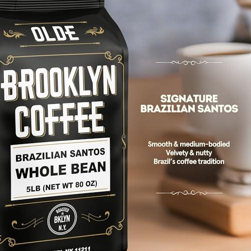 BROOKLYN COFFEE Whole Bean, Brazilian Santos Medium Roast (5lb) American, Breakfast, Classic - Fresh Bulk Coffee Beans Roasted Weekly in NYC - SHOP NO2CO2