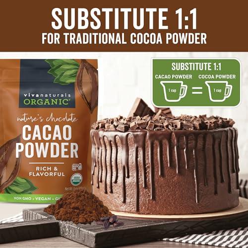 Viva Naturals Organic Cacao Powder, 8 oz - Unsweetened Cocoa Powder With Rich Dark Chocolate Flavor, Perfect for Baking & Smoothies - Certified Vegan, Keto & Paleo, Non-GMO & Gluten-Free, 227 g - SHOP NO2CO2