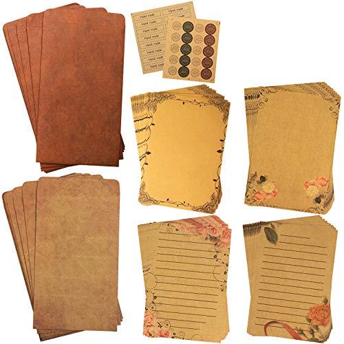 Vintage Stationary Paper + Kraft Envelopes Set with Seal Stickers (64pcs 4 Patterns 8.3 x 5.7 Writing Stationery Papers, 20pcs 2 Colors 7.9 x 4.7 Letter Envelope, 36pcs 2 Styles Rustic Seals) - SHOP NO2CO2