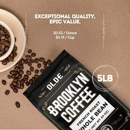 BROOKLYN COFFEE Whole Bean, French Dark Roast (5lb) Silky Smooth, Bold, Balanced - Fresh Bulk Coffee Beans Roasted Weekly in NYC - SHOP NO2CO2